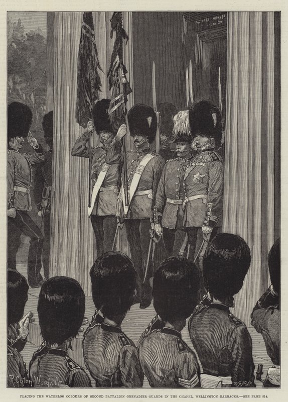 Placer les couleurs de Waterloo du deuxième bataillon des gardes grenadiers dans la chapelle, Wellington Barracks - Richard Caton Woodville junior
