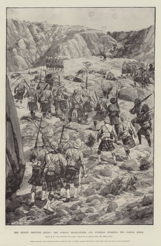 Le soulèvement de la frontière indienne, les Gordon Highlanders et les Gurkhas prenant d