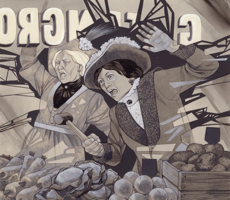 Suffragettes brisant des fenêtres (gouache sur papier) - Richard Hook