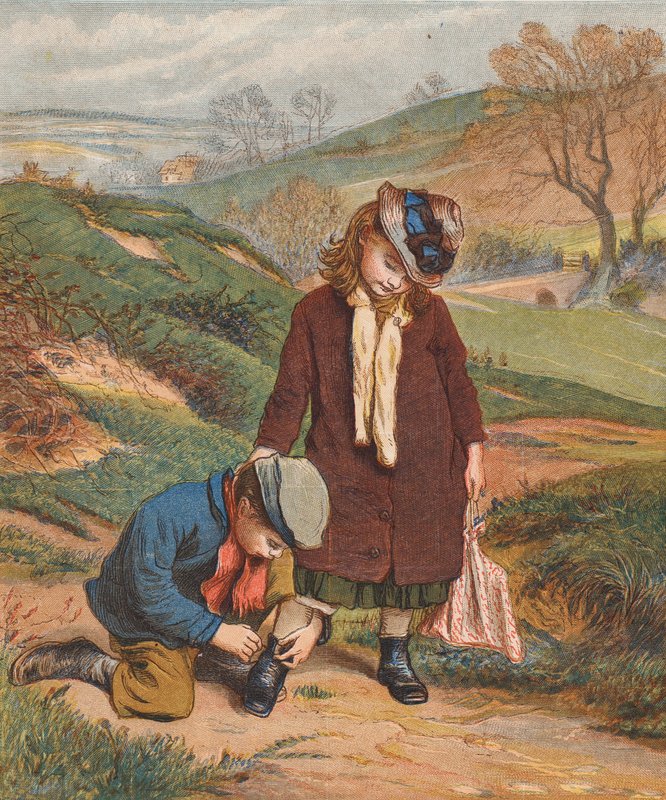 Un ami dans le besoin, un garçon attachant les chaussures d