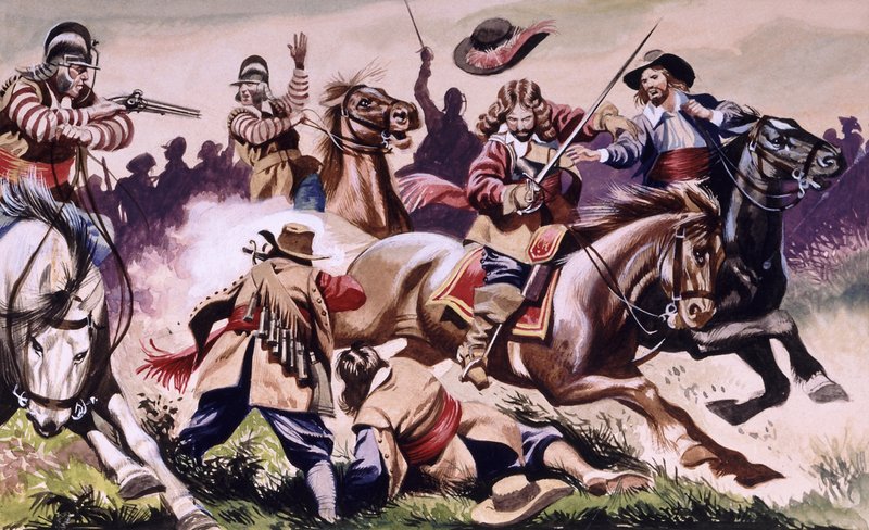 Scène de bataille de la guerre civile anglaise tirée des Enfants de la Nouvelle Forêt - Ron Embleton