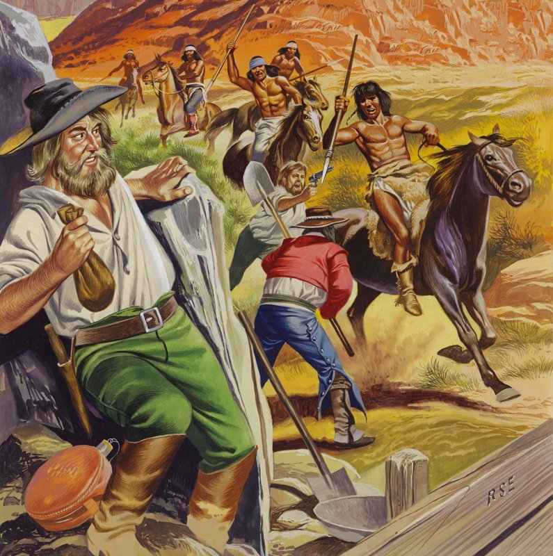 Jacob Waltz et son ami attaqués par des Indiens Apaches (gouache sur papier) - Ron Embleton