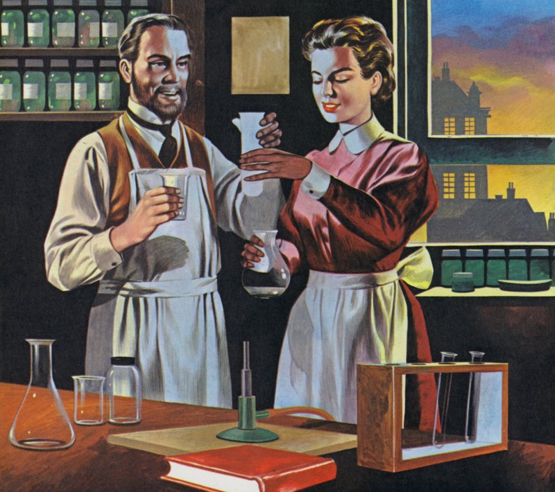Pierre et Marie Curie dans leur laboratoire à Paris (lithographie couleur) - Ron Embleton