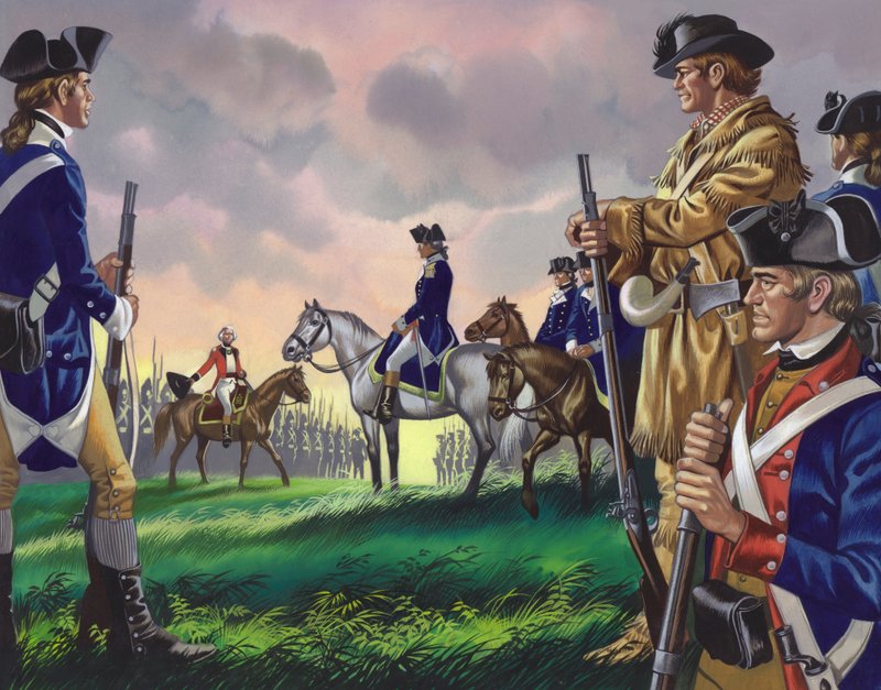 Reddition du général Cornwallis au commandant américain à Yorktown, Virginie, le 19 octobre 1781 ( ) (gouache sur papier) - Ron Embleton