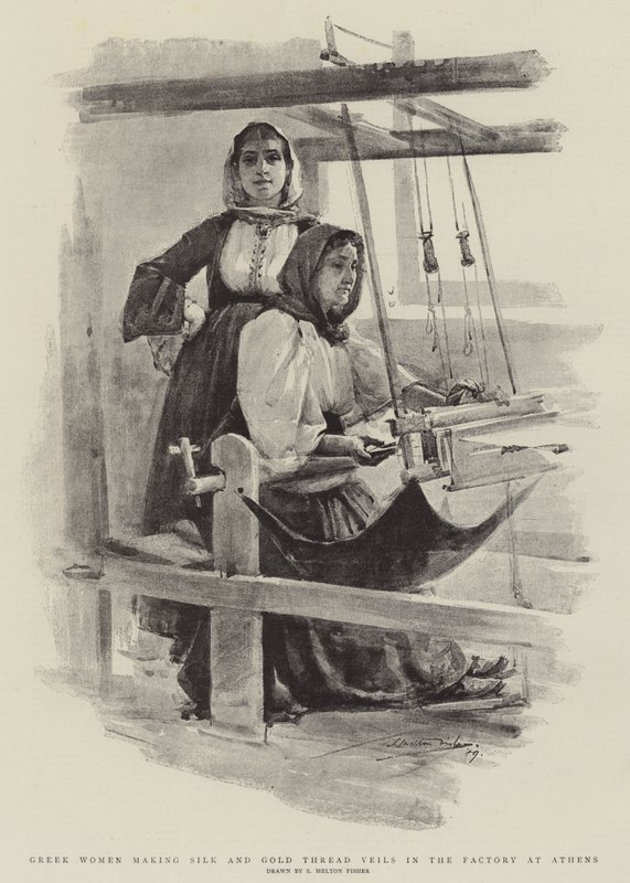 Femmes grecques fabriquant des voiles en soie et fil d