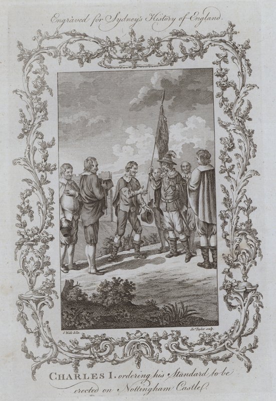Charles Ier ordonnant que son étendard soit érigé sur le château de Nottingham (gravure) - Samuel (after) Wale