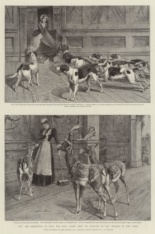 Veuillez garder les portes du hall fermées à cause des animaux dans le parc (lithographie) - Samuel Edmund (after) Waller