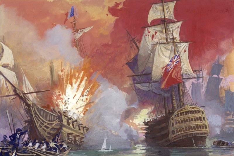 Bataille navale britannique contre les Français pendant les guerres napoléoniennes (gouache sur papier) - Severino Baraldi