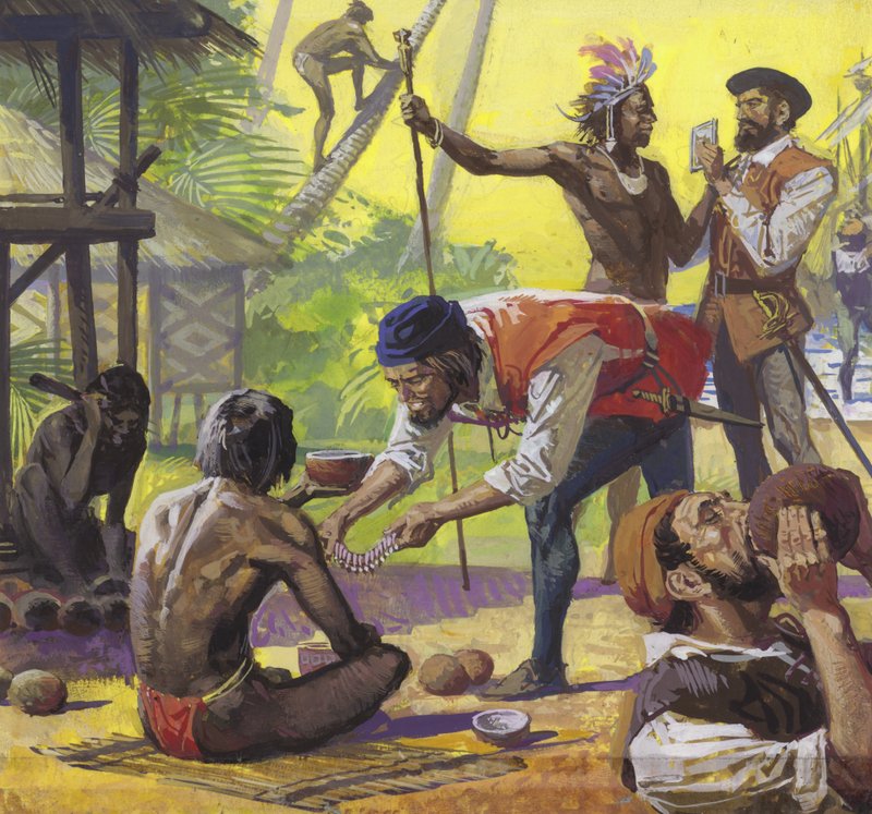 Les hommes de Magellan rencontrent des indigènes amicaux aux Philippines et échangent de la nourriture. - Severino Baraldi