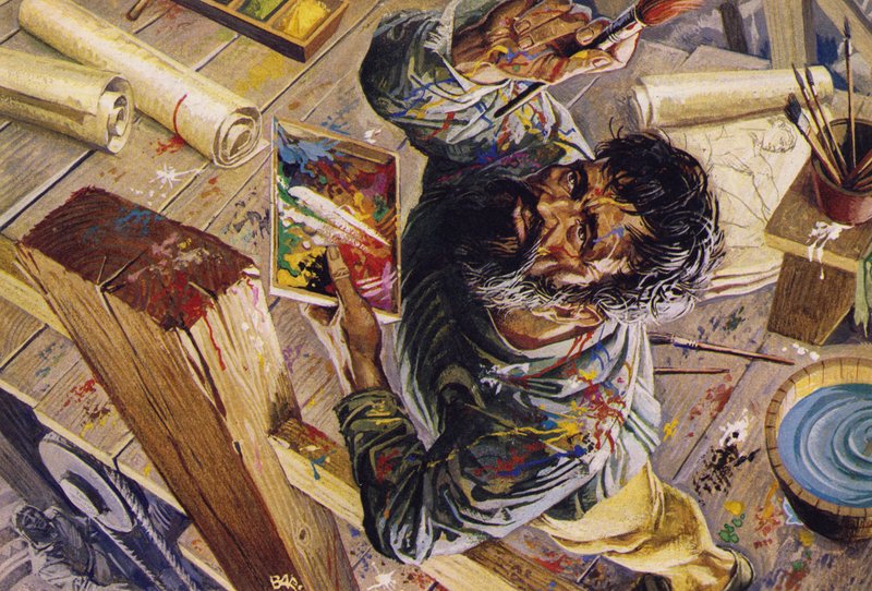 Michel-Ange travaillant au plafond de la chapelle Sixtine (lithographie couleur) - Severino Baraldi