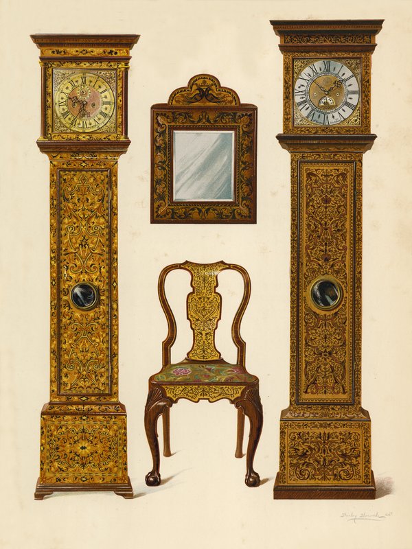 Horloge incrustée de marqueterie claire, propriété de Percy Macquoid; Horloge incrustée de marqueterie foncée, Victoria and Albert Museum; Chaise en noyer incrustée de marqueterie; Miroir (chromolithographie) - Shirley Charles Llewellyn Slocombe