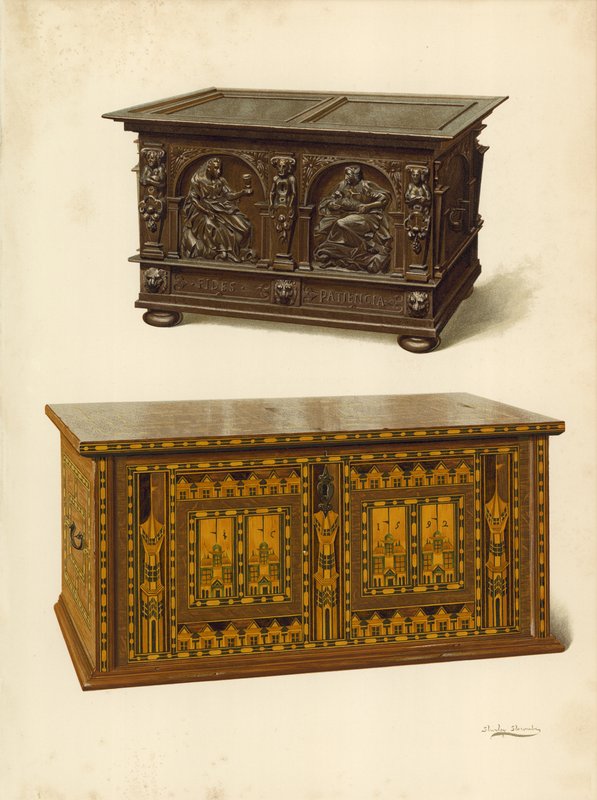 Coffre en chêne, propriété de Seymour Lucas; Coffre Nonesuch en chêne incrusté (chromolithographie) - Shirley Charles Llewellyn Slocombe