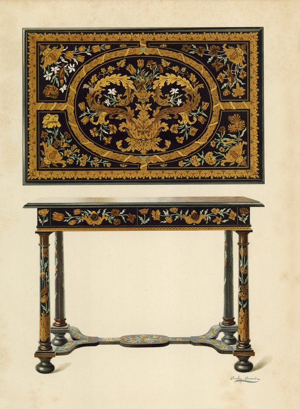 Table incrustée de marqueterie, propriété de Lord Zouche de Haryngworth - Shirley Charles Llewellyn Slocombe