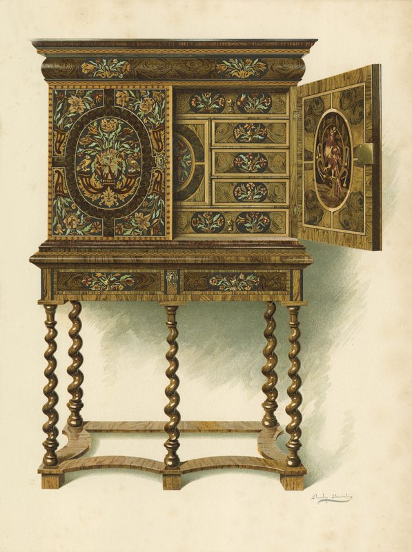 Cabinet en noyer incrusté de marqueterie, propriété de l