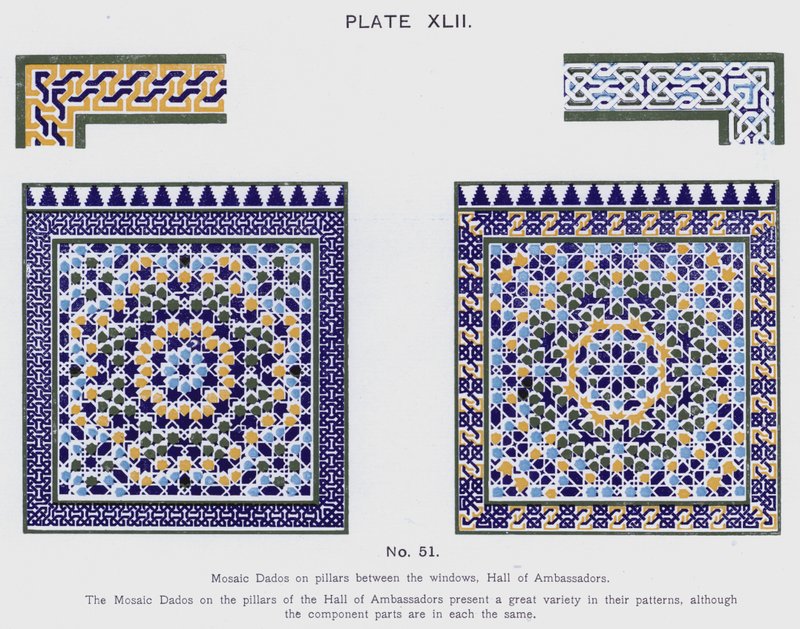 Mosaïque Dados sur les piliers entre les fenêtres, Salle des Ambassadeurs - Spanish School