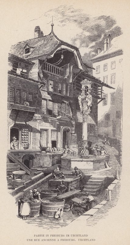 Partie à Fribourg en Uechtland, Une Rue Ancienne à Fribourg, Uechtland (gravure) - Swiss School