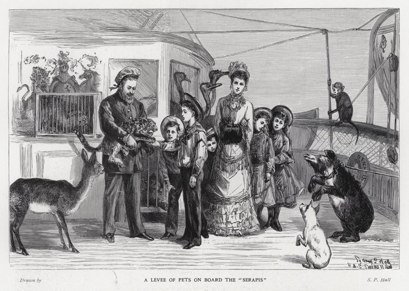 Le roi Édouard VII avec des animaux sauvages capturés à bord du navire de troupe, le Serapis lors de sa visite en Inde - Sydney Prior (after) Hall