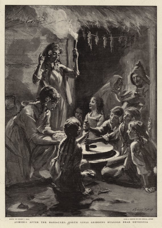 Arménie après les massacres, filles Yoruk broyant du Bulgoor près de Devrishia - Sydney Prior Hall