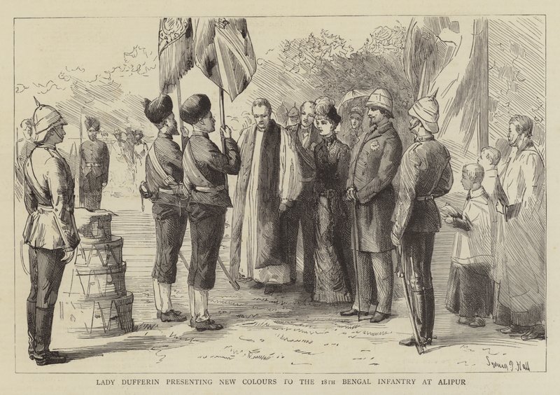Lady Dufferin présentant de nouvelles couleurs au 18e Infanterie du Bengale à Alipur - Sydney Prior Hall