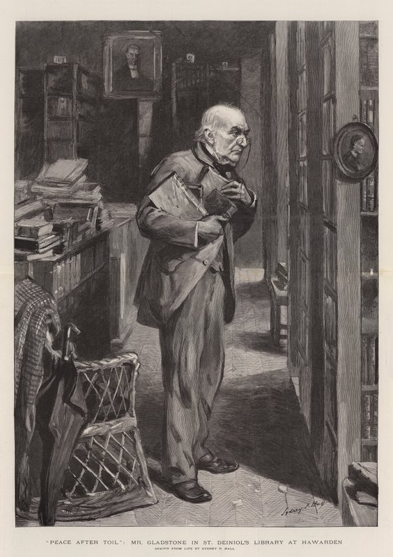 Paix après le labeur, M. Gladstone dans la bibliothèque de St Deiniol à Hawarden - Sydney Prior Hall