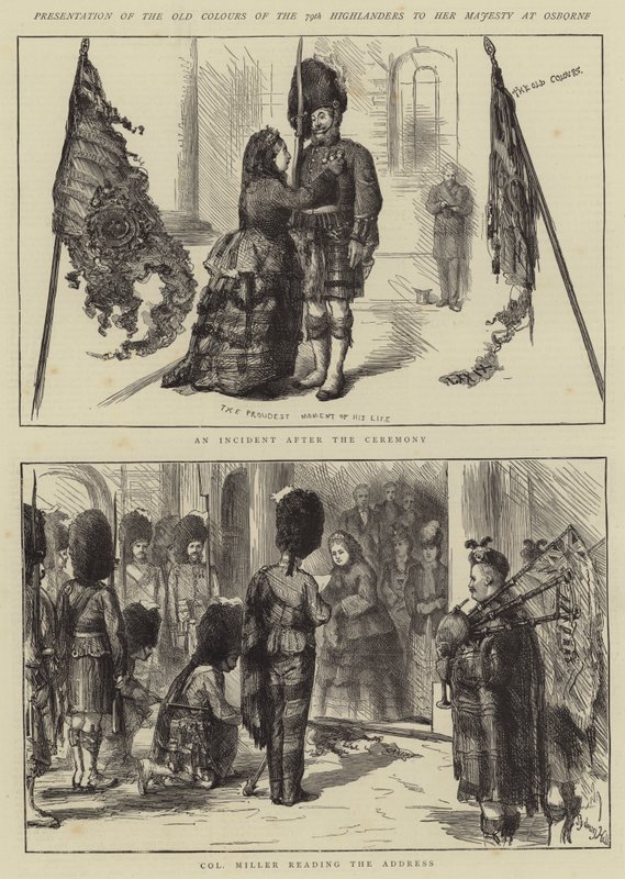 Présentation des anciennes couleurs des 79e Highlanders à Sa Majesté à Osborne - Sydney Prior Hall