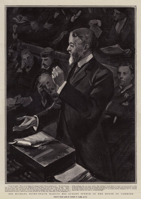 Sir Michael Hicks-Beach prononçant son discours budgétaire à la Chambre des communes - Sydney Prior Hall