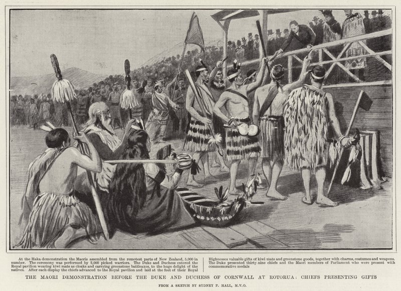 La démonstration maorie devant le duc et la duchesse de Cornouailles à Rotorua, chefs présentant des cadeaux - Sydney Prior Hall