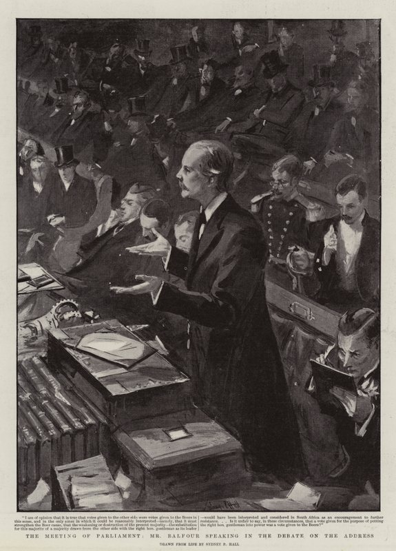 La réunion du Parlement, M. Balfour parlant dans le débat sur l