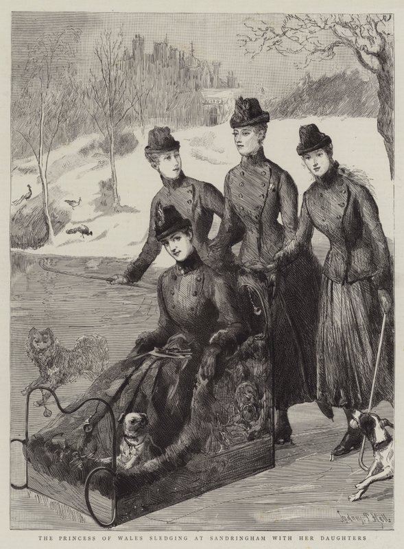 La princesse de Galles faisant de la luge à Sandringham avec ses filles - Sydney Prior Hall