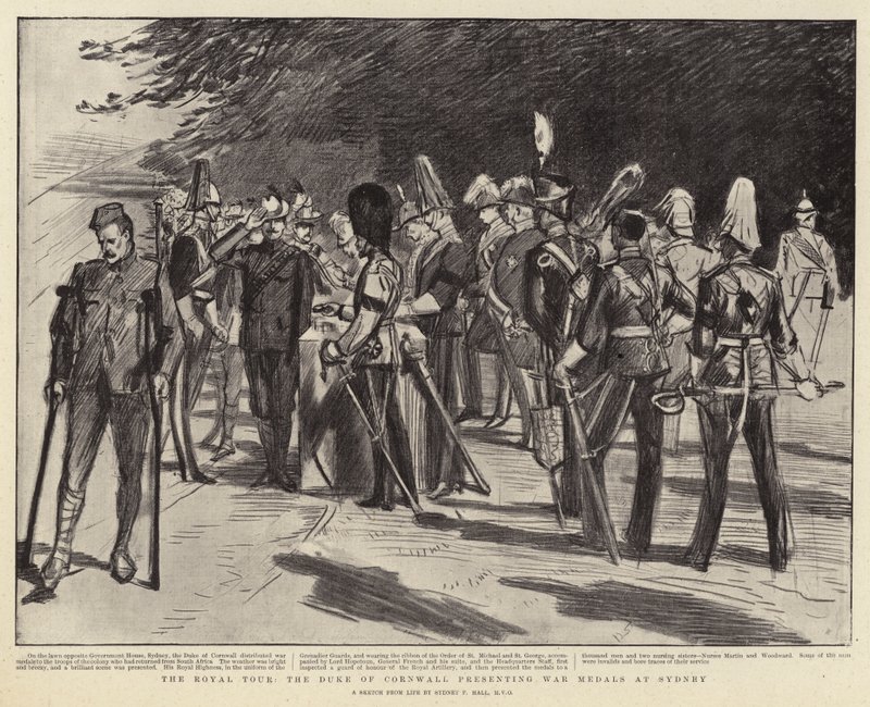 La Tournée Royale, le Duc de Cornouailles remettant des médailles de guerre à Sydney - Sydney Prior Hall