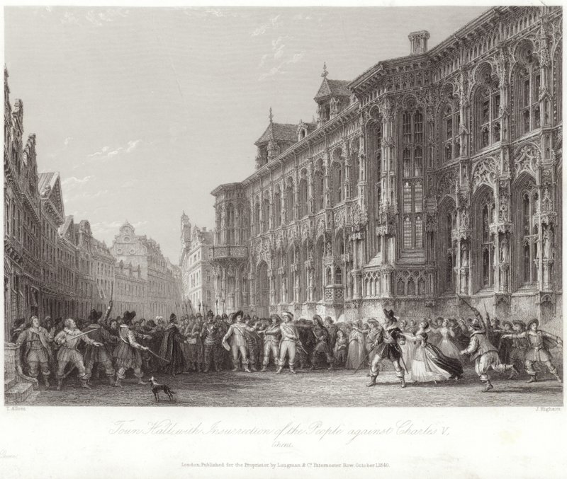 Hôtel de ville avec insurrection du peuple contre Charles V - Thomas Allom