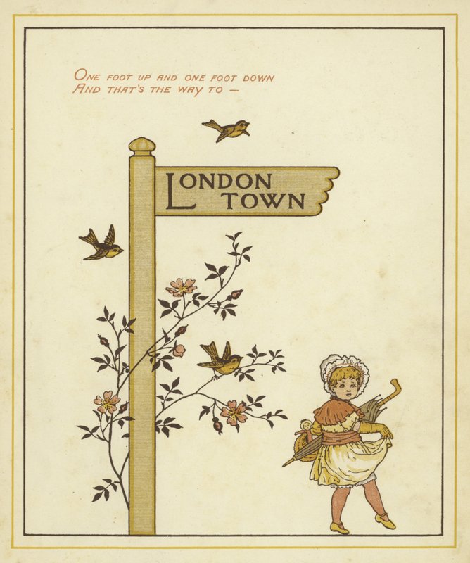 Un panneau indique la direction de Londres avec une jeune fille marchant dans cette direction - Thomas Crane