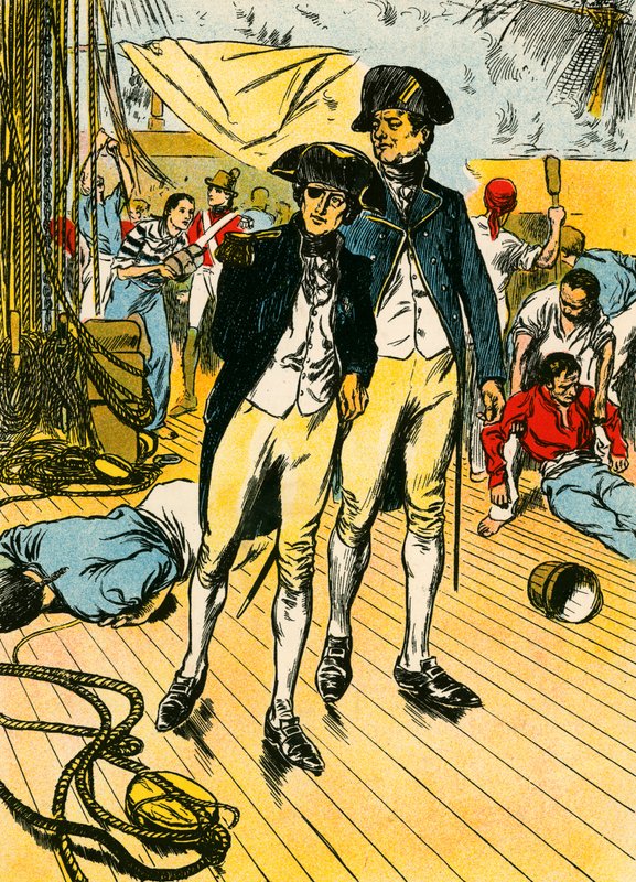 Nelson sur le "Victory" à Trafalgar (lithographie couleur) - Thomas Heath Robinson