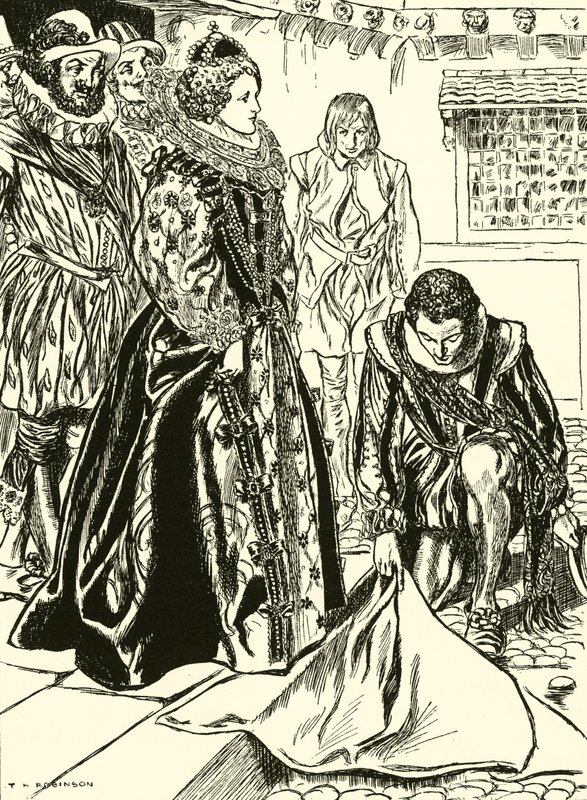 Raleigh étend son manteau devant Elizabeth (gravure) - Thomas Heath Robinson