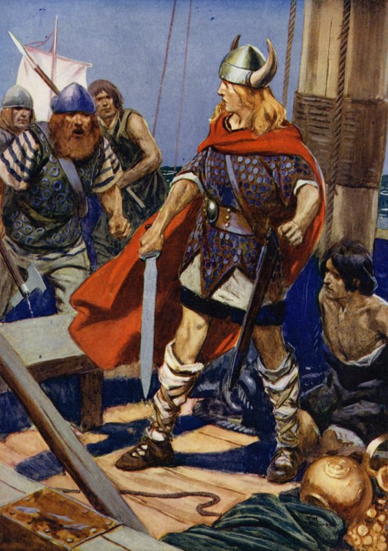 La barque accoste et fait jaillir Guldred le loup, avec Ulgar et un autre pour le soutenir : scène de La prise d