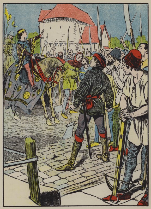 Le jeune roi Richard étouffe la rébellion (lithographie couleur) - Thomas Heath Robinson
