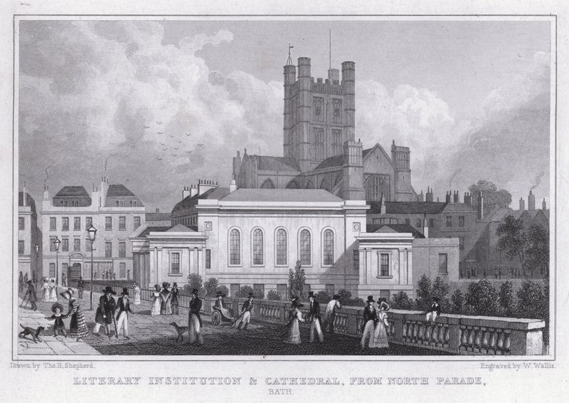 Institution littéraire et cathédrale, depuis North Parade, Bath - Thomas Hosmer Shepherd