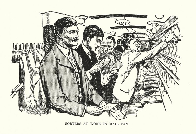 Trieurs au travail dans un wagon postal (lithographie) - Thomas Somerfield