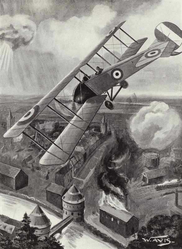 Le sous-lieutenant L A Strange bombardant le carrefour ferroviaire à Courtrai, Belgique, Première Guerre mondiale - W. Avis