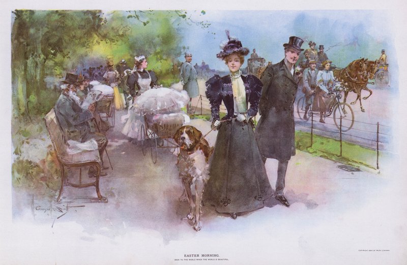Matin de Pâques : femme se promenant avec son chien de compagnie (lithographie en couleur) - Walter Granville Smith