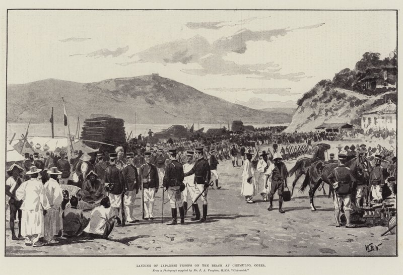 Débarquement des troupes japonaises sur la plage de Chemulpo, Corée - William Barnes Wollen