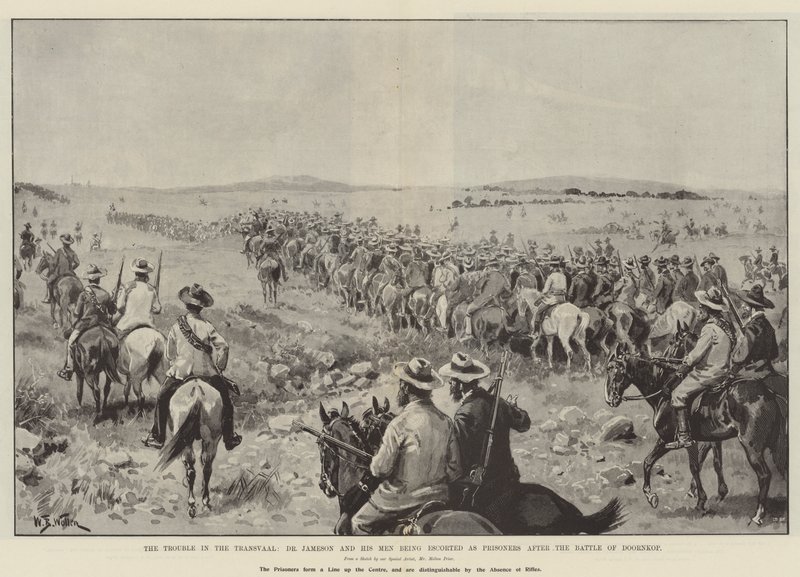 Les troubles au Transvaal, le Dr Jameson et ses hommes escortés comme prisonniers après la bataille de Doornkop - William Barnes Wollen