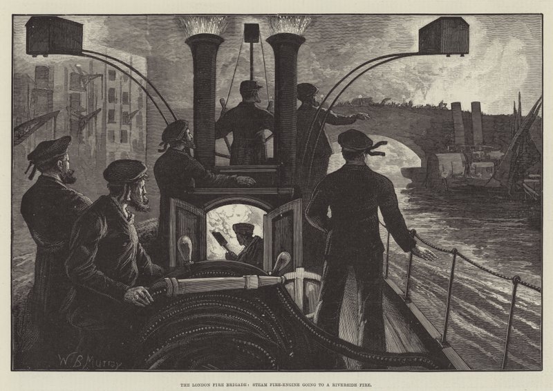 La Brigade des Pompiers de Londres, Machine à vapeur se rendant à un incendie au bord de la rivière - William Bazett Murray
