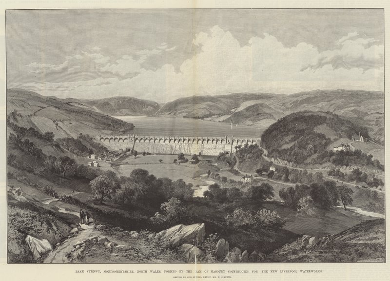 Lac Vyrnwy, Montgomeryshire, Nord du Pays de Galles, formé par le barrage de maçonnerie construit pour les nouveaux travaux d