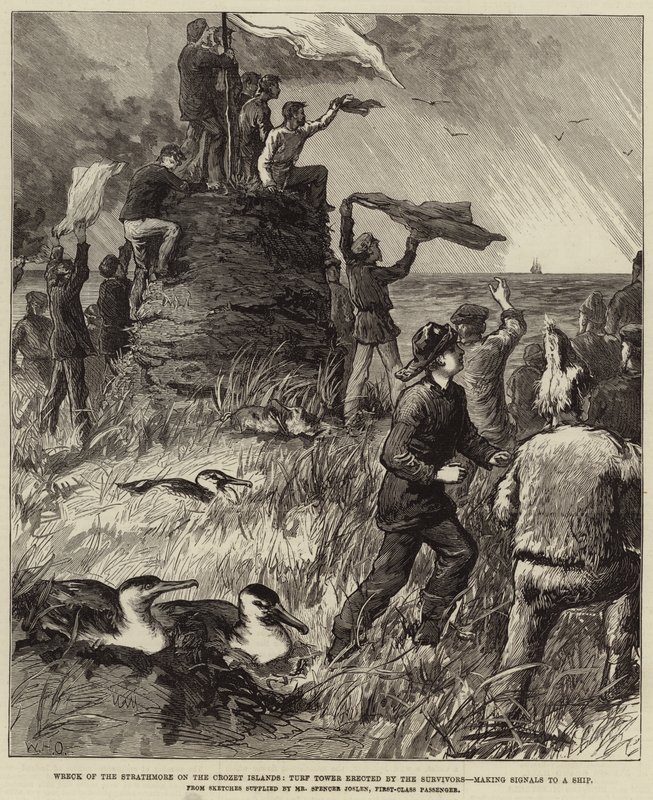 Naufrage du Strathmore sur les îles Crozet, tourbe érigée par les survivants, faisant des signaux à un navire - William Heysham Overend