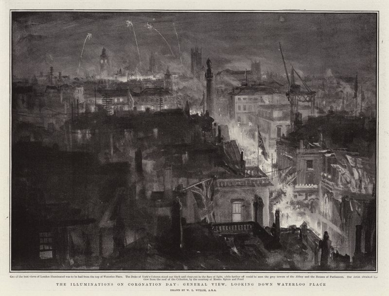 Les illuminations du jour du couronnement, vue générale, regardant vers Waterloo Place - William Lionel Wyllie