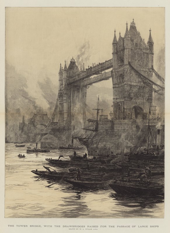 Le Tower Bridge, avec les ponts-levis levés pour le passage des grands navires - William Lionel Wyllie