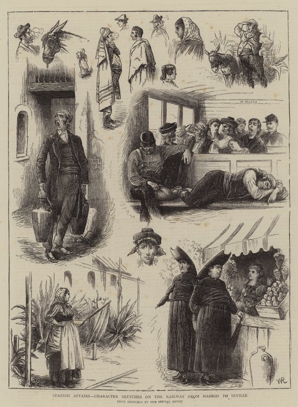 Affaires espagnoles, croquis de personnages dans le train de Madrid à Séville - William Ralston