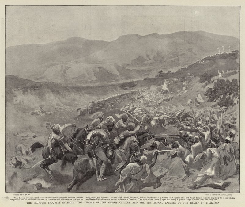 Les troubles à la frontière en Inde, la charge de la cavalerie des guides et des 11e lanciers du Bengale lors du secours de Chakdara, août 1897 - William Small