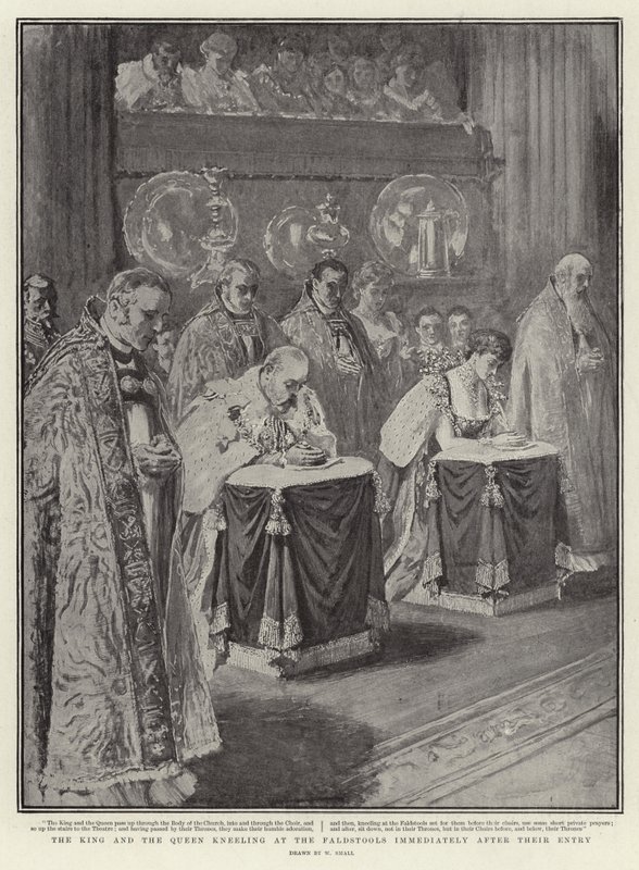 Le roi et la reine agenouillés aux prie-Dieu immédiatement après leur entrée - William Small